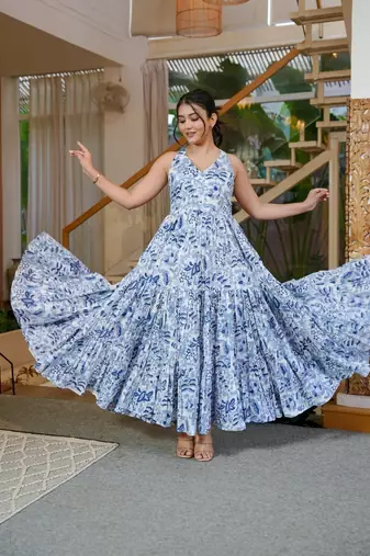 Blue floral printed fabric maxi dress for women