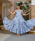 Blue floral printed fabric maxi dress for women