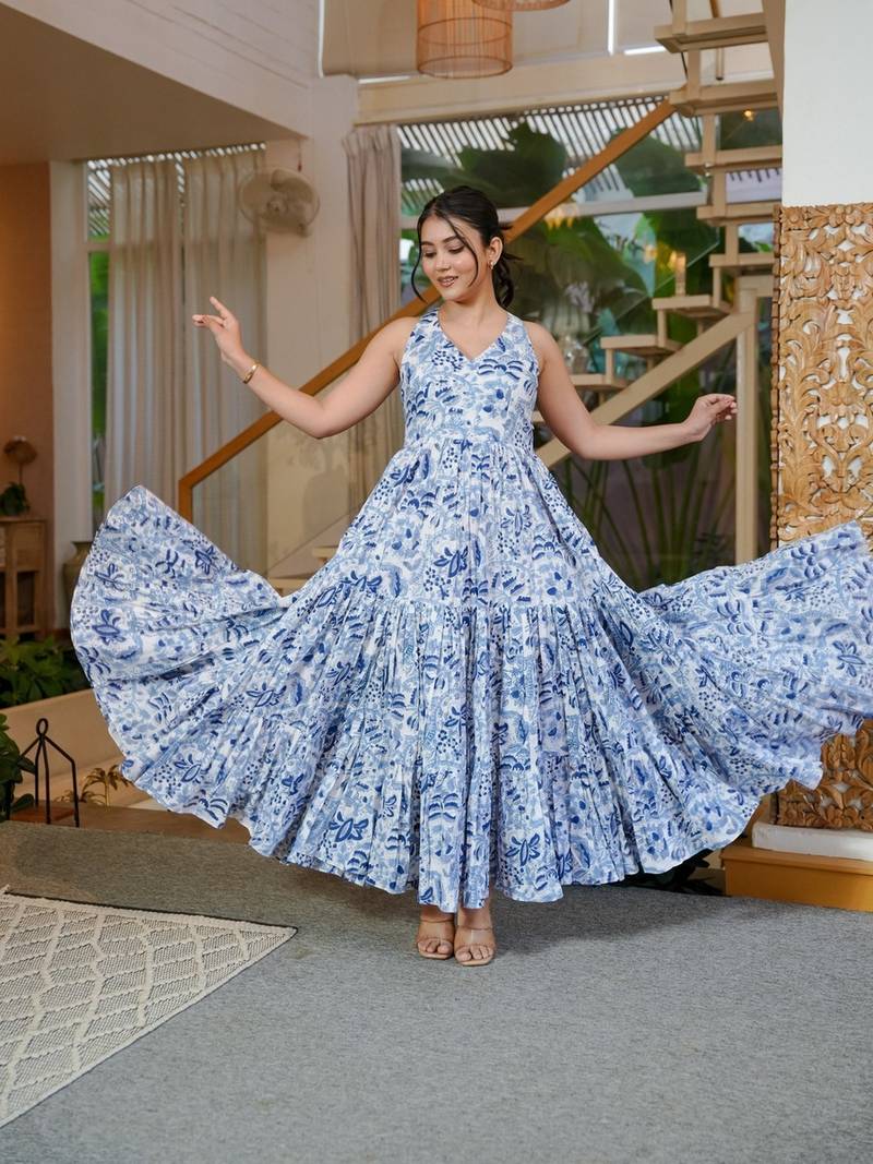Blue floral printed fabric maxi dress for women