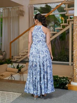Blue floral printed fabric maxi dress for women 2