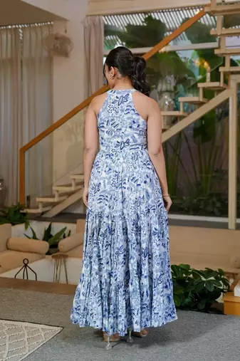 Blue floral printed fabric maxi dress for women