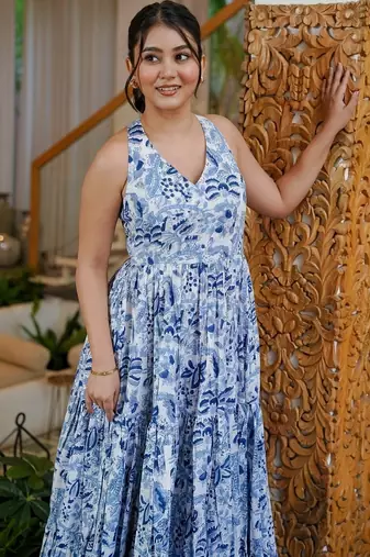 Blue floral printed fabric maxi dress for women