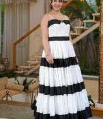 Black & white colourblocked cotton tiered dress for women