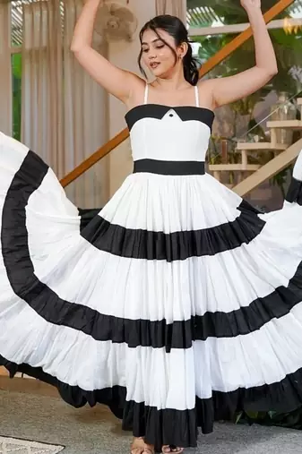 Black & white colourblocked cotton tiered dress for women