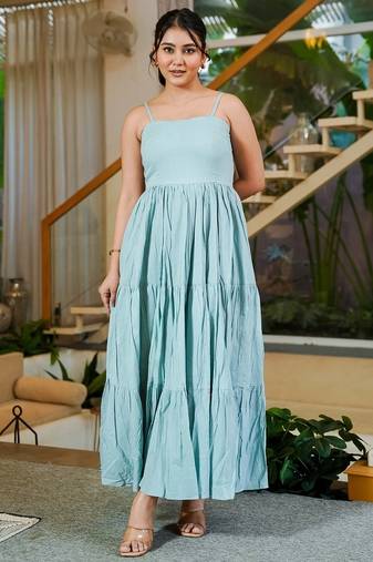 Grey solid cotton fit & flare maxi dress for women