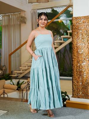 Grey solid cotton fit & flare maxi dress for women 4
