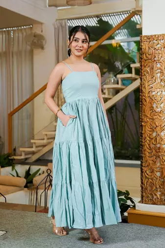 Grey solid cotton fit & flare maxi dress for women