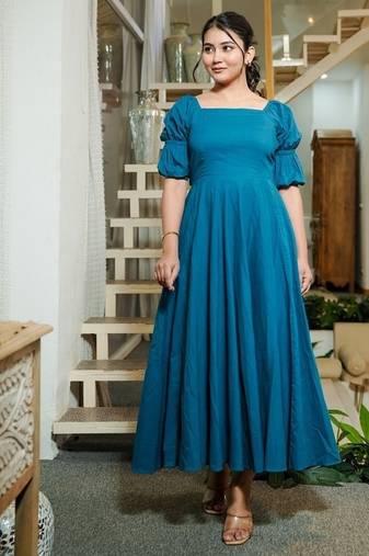 Turquoise solid cotton fit & flare dress for women