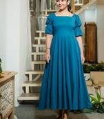 Turquoise solid cotton fit & flare dress for women