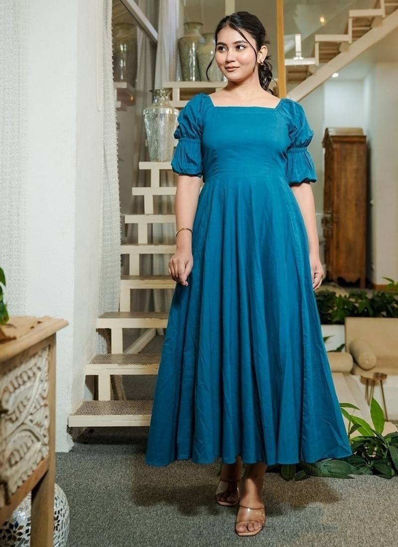 Turquoise solid cotton fit & flare dress for women
