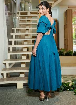 Turquoise solid cotton fit & flare dress for women 2