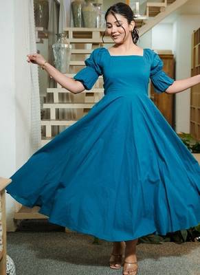 Turquoise solid cotton fit & flare dress for women 3