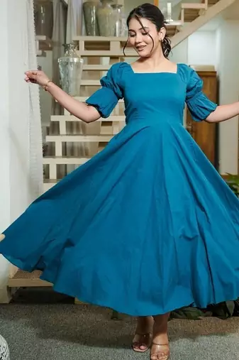 Turquoise solid cotton fit & flare dress for women
