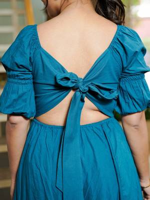Turquoise solid cotton fit & flare dress for women 4