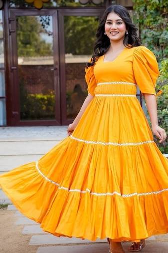 Orange lace work cotton fit & flare dress for women