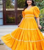 Orange lace work cotton fit & flare dress for women
