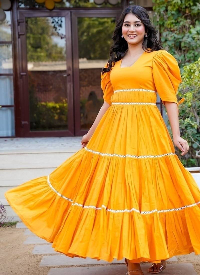 Orange lace work cotton fit & flare dress for women