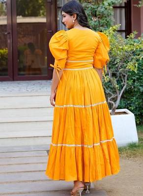 Orange lace work cotton fit & flare dress for women 2