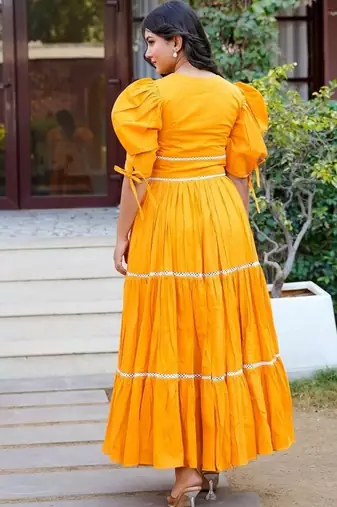 Orange lace work cotton fit & flare dress for women