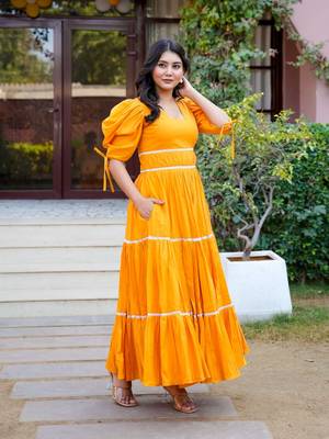 Orange lace work cotton fit & flare dress for women 3