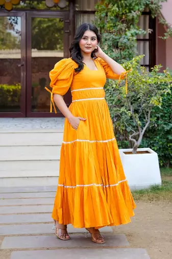 Orange lace work cotton fit & flare dress for women