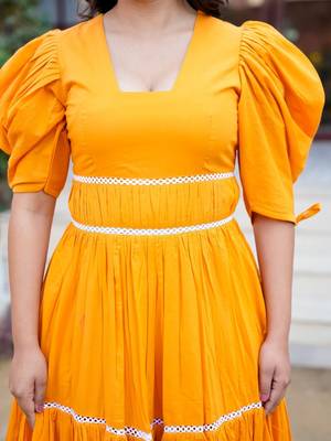 Orange lace work cotton fit & flare dress for women 4