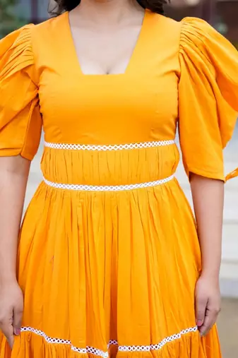 Orange lace work cotton fit & flare dress for women