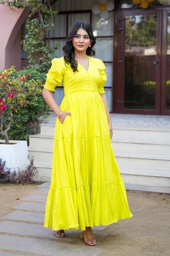 Lemon yellow solid cotton tiered dress for women
