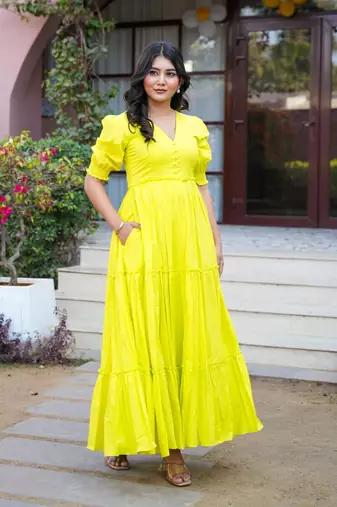 Lemon yellow solid cotton tiered dress for women