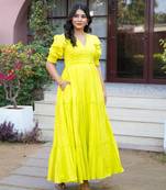 Lemon yellow solid cotton tiered dress for women