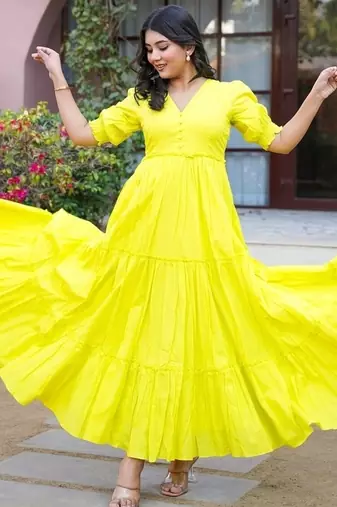 Lemon yellow solid cotton tiered dress for women
