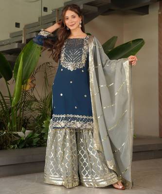 Navy blue heavy embroidered fox georgette palazzo suit set with dupatta 1
