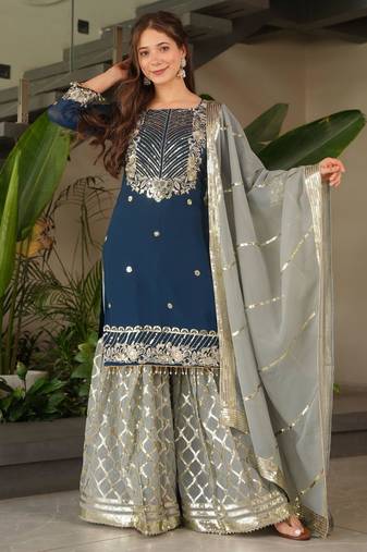 Navy blue heavy embroidered fox georgette palazzo suit set with dupatta