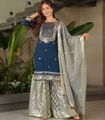 Navy blue heavy embroidered fox georgette palazzo suit set with dupatta