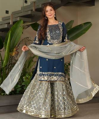 Navy blue heavy embroidered fox georgette palazzo suit set with dupatta 2