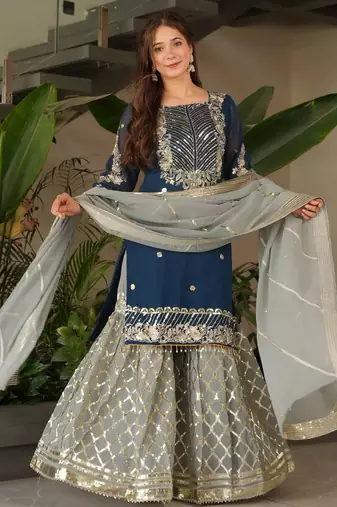 Navy blue heavy embroidered fox georgette palazzo suit set with dupatta