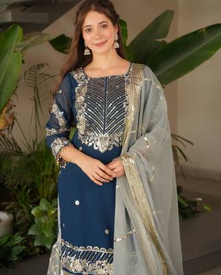Navy blue heavy embroidered fox georgette palazzo suit set with dupatta 3