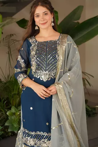 Navy blue heavy embroidered fox georgette palazzo suit set with dupatta