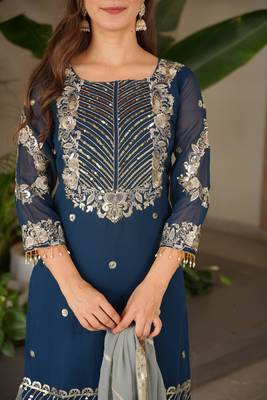 Navy blue heavy embroidered fox georgette palazzo suit set with dupatta 4