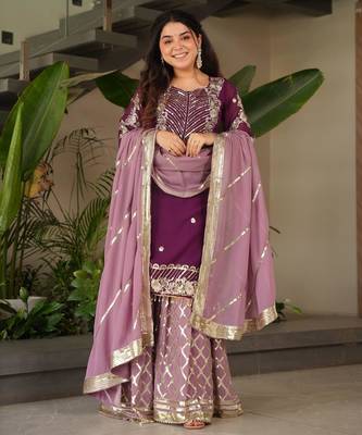 Purple heavy embroidered fox georgette palazzo suit set with dupatta 1
