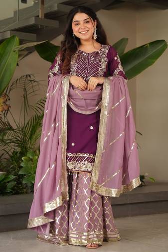 Purple heavy embroidered fox georgette palazzo suit set with dupatta