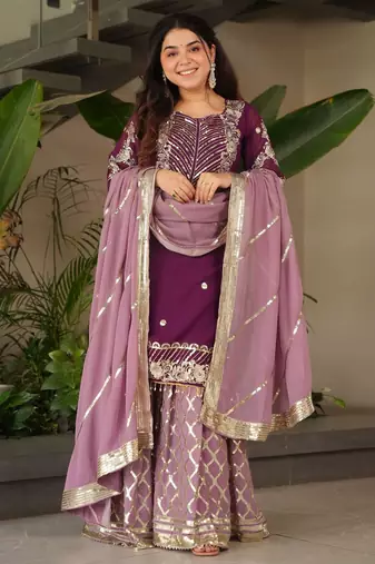 Purple heavy embroidered fox georgette palazzo suit set with dupatta