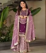 Purple heavy embroidered fox georgette palazzo suit set with dupatta