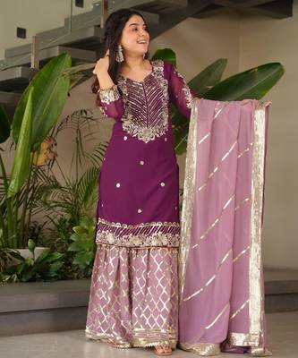 Purple heavy embroidered fox georgette palazzo suit set with dupatta 2