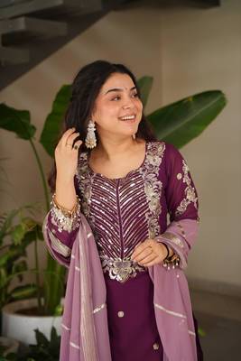 Purple heavy embroidered fox georgette palazzo suit set with dupatta 3
