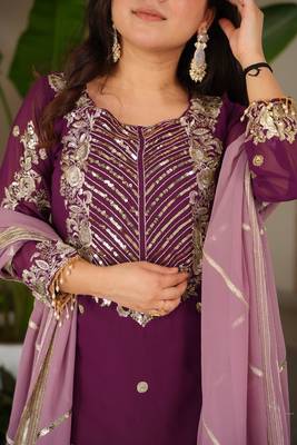 Purple heavy embroidered fox georgette palazzo suit set with dupatta 4