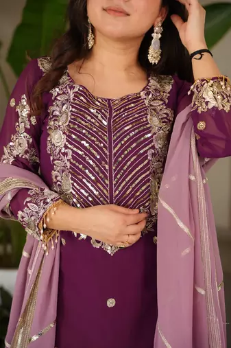 Purple heavy embroidered fox georgette palazzo suit set with dupatta