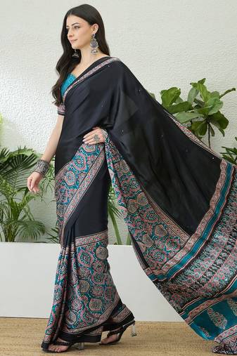 Teal green ready to wear saree with unstitched blouse for women