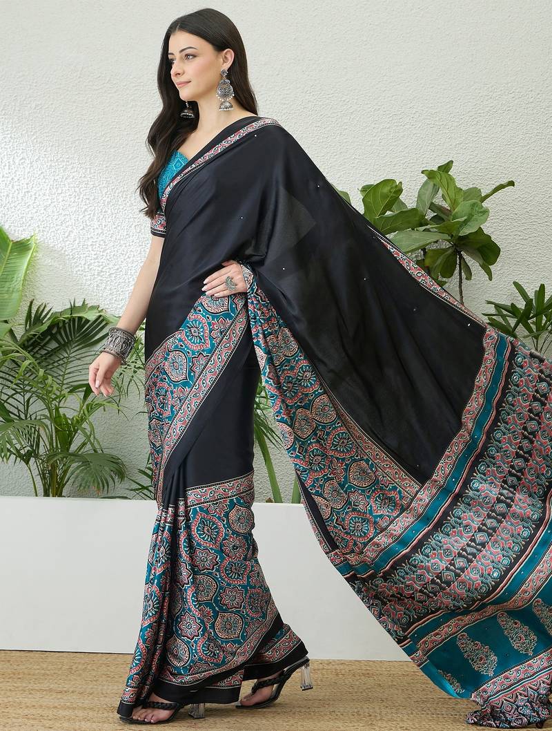 Teal green ready to wear saree with unstitched blouse for women