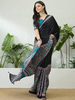 Teal green ready to wear saree with unstitched blouse for women 2